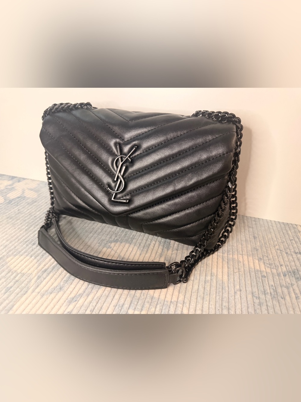 Saint Laurent Black Quilted Chevron Leather Shoulder Bag with Gunmetal Chain